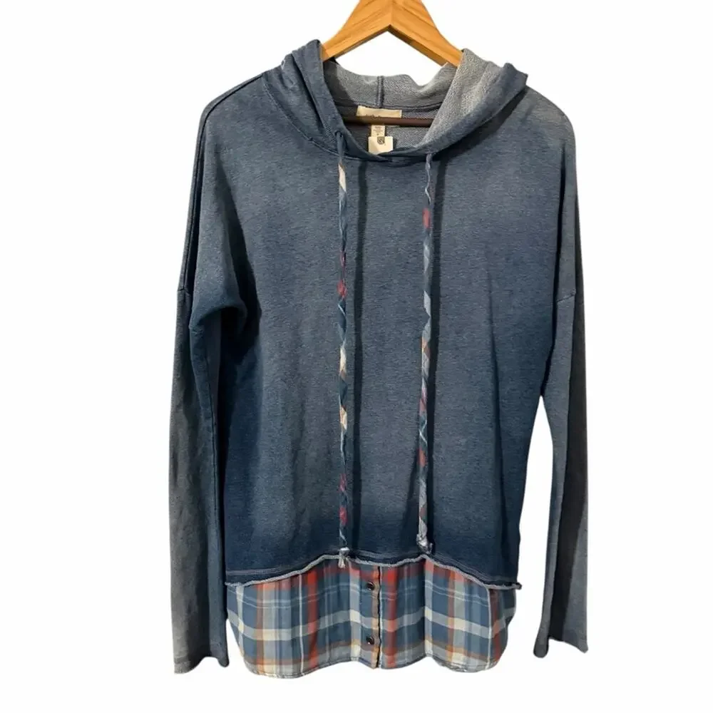 NEW Anthropologie Cloth & Stone Chambray Plaid Hoodie Size Small - Picture 2 of 9
